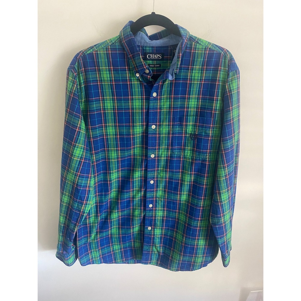 Chaps Mens Plaid Long Sleeve Easy Care Button Down Shirt Green Blue Red Size L/G